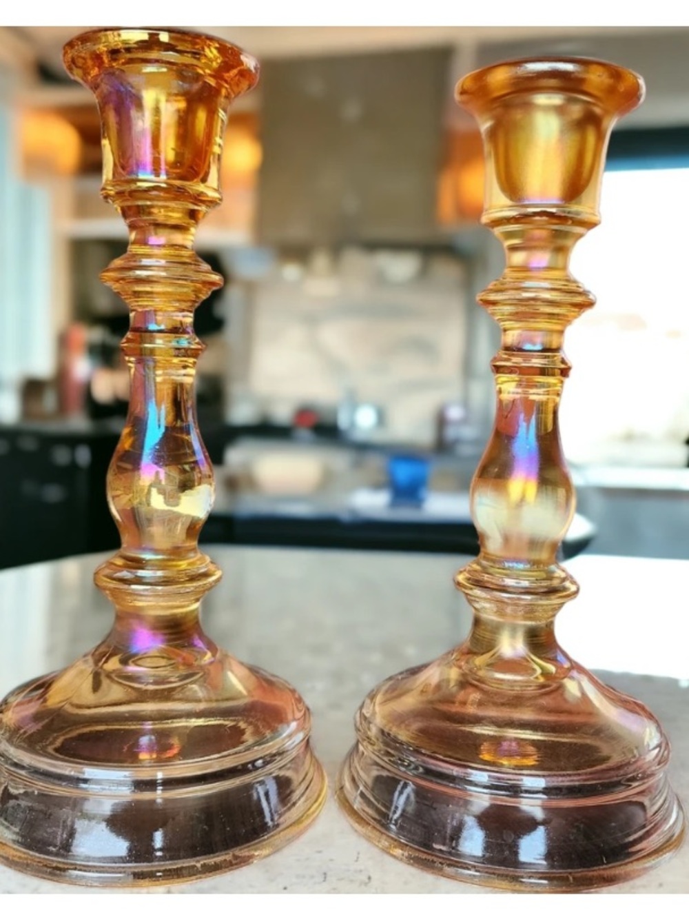 Imperial Glass Antique 1920 Iridescent Marigold Carnival Glass Candlesticks